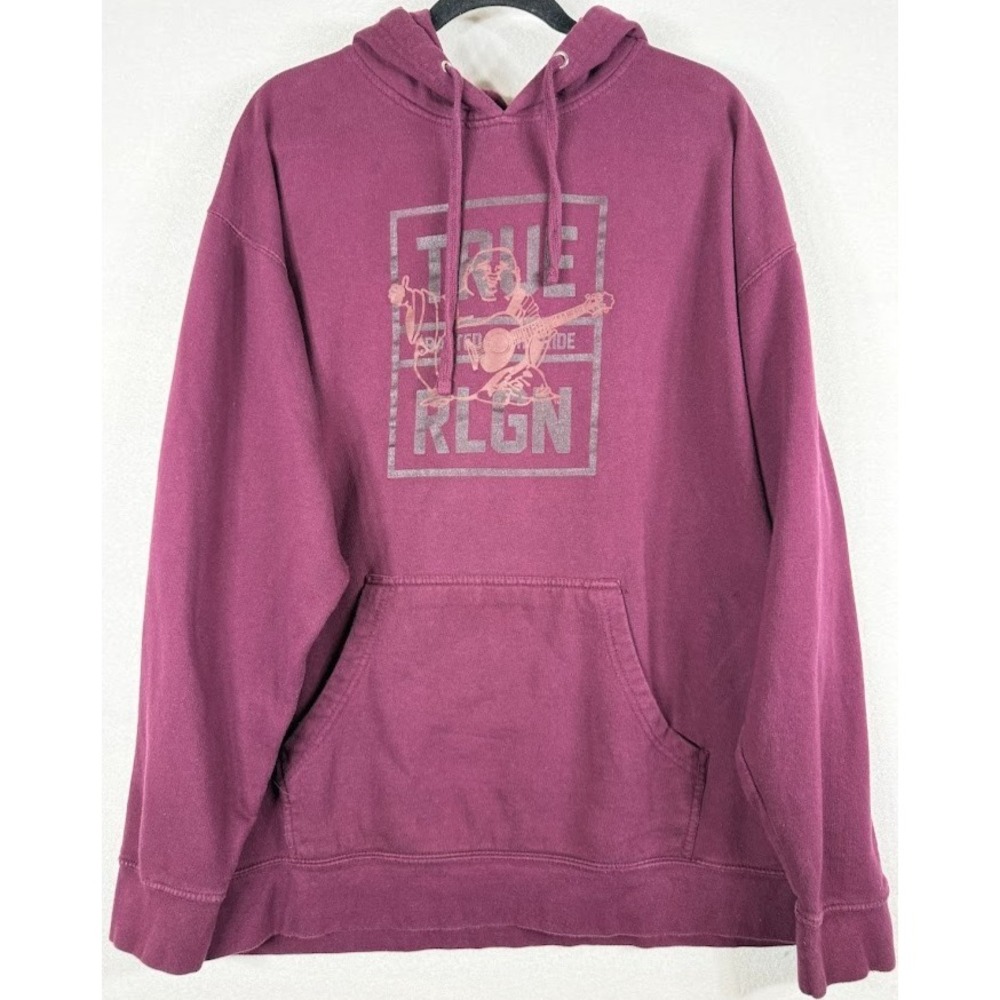 True Religion Hoodie Men 2XL Burgundy Graphic Logo Buddha Fleece Pullover Casual